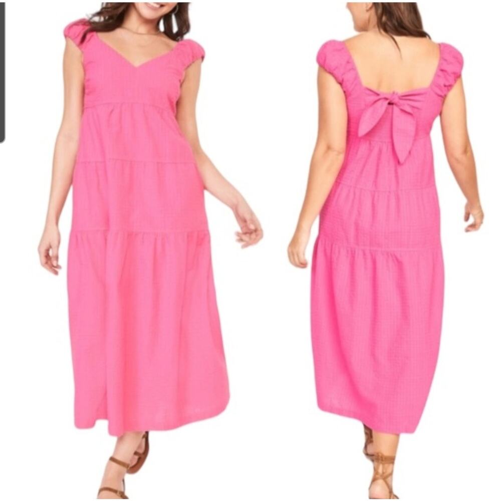 Old Navy Womens Fit & Flare Tiered Seersucker All-Day Maxi Dress Sz XL Cottage